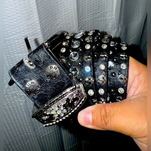 BHW Embellished Black Leather Studded Rhinestone Western Cowgirl Belt Size L